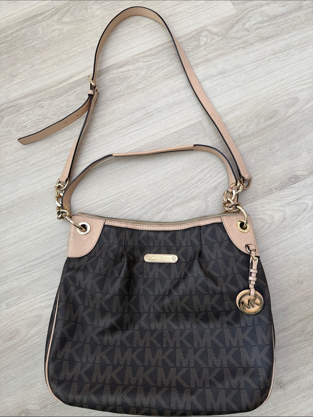 Michael Kors Brown MK Logo Shoulder Bag with Beige Trim